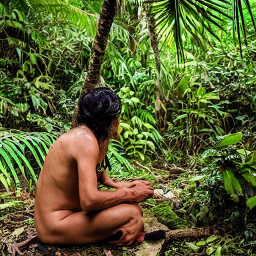 Image similar to a beautiful portrait of an amazonian shaman healer sitting in the jungle, doing a prayer, ayahuasca