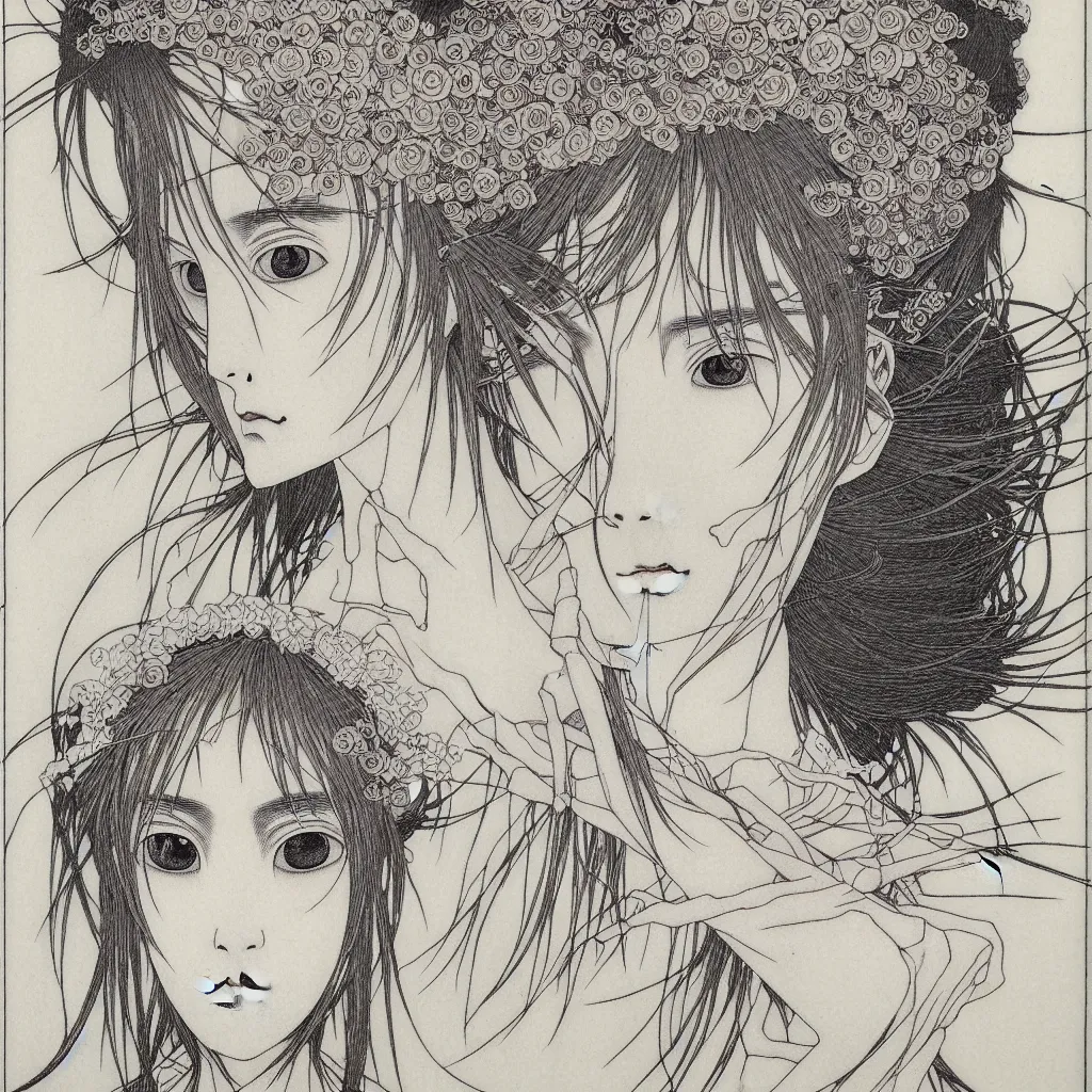 Image similar to prompt: portrait human Fragile looking character portrait face drawn by Takato Yamamoto, mystic eyes ceramic looking face, inspired by Evangeleon, clean ink detailed line drawing, intricate detail, manga 1980, portrait composition