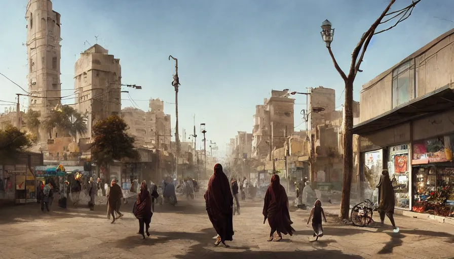 Image similar to jeddah city street, roshan, shops, a bright pharmacy, a nomad wearing a worn out coat, plants, old tree, kids, dramatic lighting fantasy, sci fi, by caspar david friedrich by james gilleard and justin gerard, centered, artstation, smooth, sharp focus, photoreal octane render, by jean baptiste monge, gustave dore, deviantart