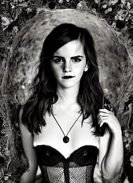 Image similar to Emma Watson for Victorian Secret as dark goth, perfect face, hot summertime, full length shot, XF IQ4, 150MP, 50mm, f/1.4, ISO 200, 1/160s, natural light, Adobe Photoshop, Adobe Lightroom, DxO Photolab, Corel PaintShop Pro, rule of thirds, symmetrical balance, depth layering, polarizing filter, Sense of Depth, AI enhanced