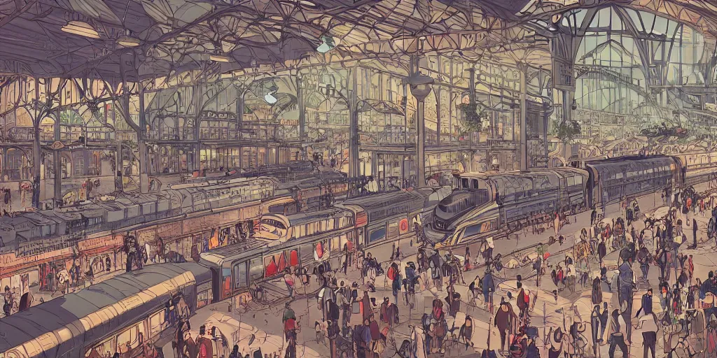 Prompt: a beatiful train station, extremely detailed, sharp focus, wide view, smooth, digital illustration, colorfull by, james jean, by rossdraws, frank franzzeta, sakimichan, mcbess, aphonse mucha