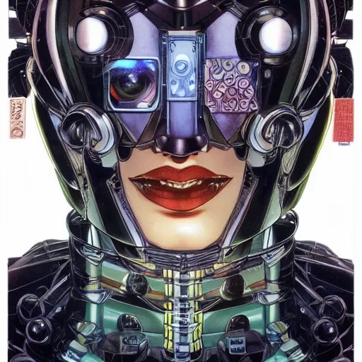 Prompt: portrait closeup of black glossy woman mecha, symmetrical, by yoichi hatakenaka, masamune shirow, josan gonzales and dan mumford, ayami kojima, takato yamamoto, barclay shaw, karol bak, yukito kishiro, moebius