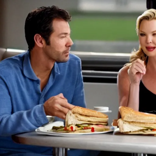 Image similar to catherine heigl and tenth is khan eating sandwiches at a diner, ultrarealistic, photorealistic, 8 k, ultra hd