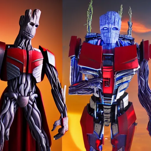 Image similar to groot and optimus prime in techno party among people dancing, wide shoot, after effect ultra realistic 3 d