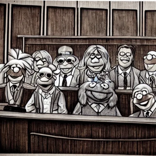 Prompt: muppet courtroom sketch