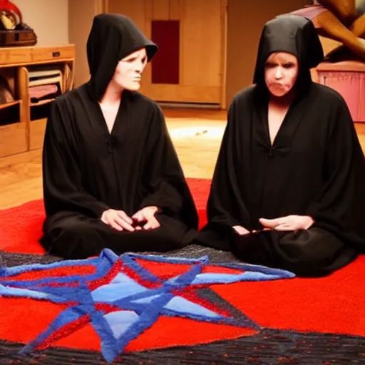 Image similar to pixar movie, a happy family in black cult robes sitting around a red pentagram on the floor performing an evil occult ritual to summon the antichrist