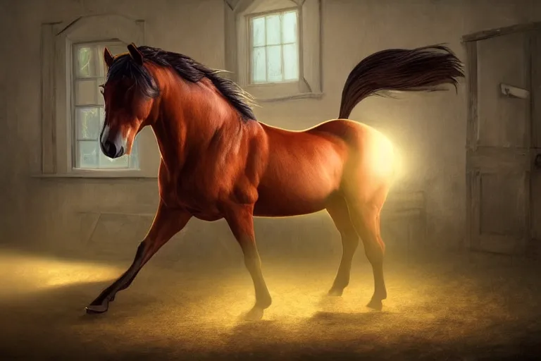 Image similar to A horse attempting to solve a jigsaw puzzle!!!, looking confused, cinematic lighting, evening light, stables, digital painting, volumetric light, concept art, trending on artstation