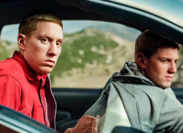 Image similar to a very high resolution image from a new movie, eminem driving a car. mountains, directed by wes anderson