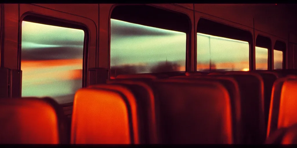 Image similar to greyhound bus interior, sunset, eerie vibe, leica, 2 4 mm lens, cinematic screenshot from the 2 0 0 1 film directed by charlie kaufman, kodak color film stock, f / 2 2, 2 4 mm wide angle anamorphic