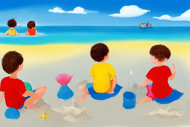 Image similar to Two happy children sitting on the beach making sandcastles, blue sky, children's book, HD, by Benji Davies