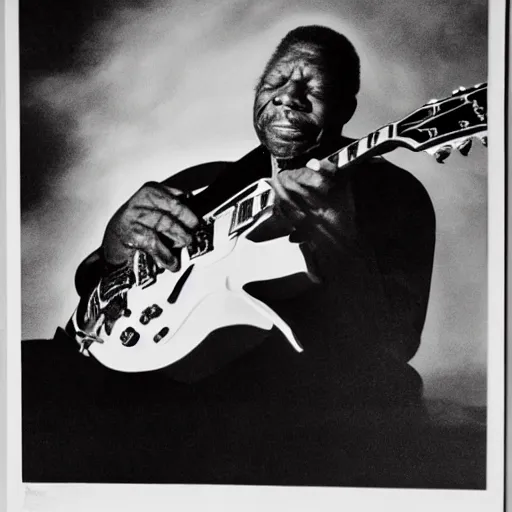 Prompt: b. b king, sitting in a fluffy cloud, playing an electric semi - hollow guitar. beautiful realistic render, dramatic, moody