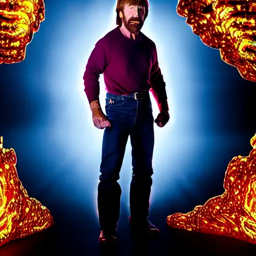 Image similar to uhd candid photo of cosmic chuck norris powering up, glowing, global illumination, studio lighting, radiant light, hyperdetailed, correct face, elaborate intricate costume. photo by annie leibowitz