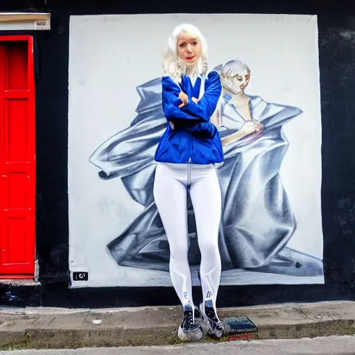 Prompt: platinum - blonde - haired hime - cut blue - eyed 1 9 - year - old nordic princess wearing white leggings and black jacket, adoring communist mural on wall, post - revolutionary era, toulouse france