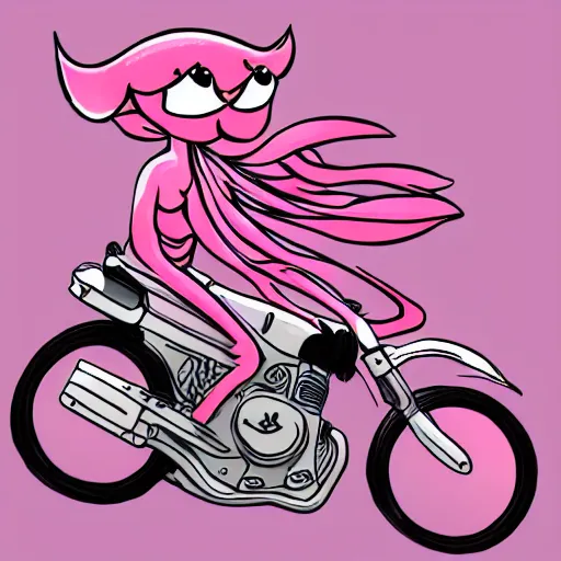Prompt: pink female Squid creatures riding a motorcycle
