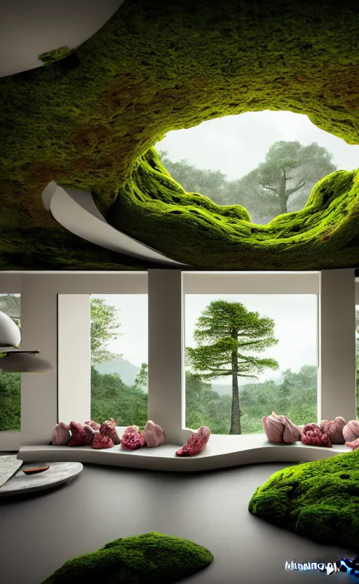 Image similar to highly detailed villa natural beautiful light interior soft cinematic composition of a smooth ceramic porcelain biomorphic magnolia stone nebula fluid sci - fi surreal colorful architecture landscape, furniture, granite, trees, marble, moss, lichen, fungi, vincent callebaut composition, mamou - mani, archviz, 8 k, unreal engine, hdr