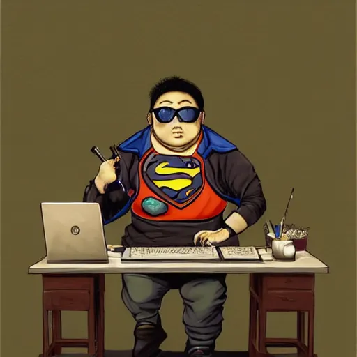 Image similar to an insanely detailed painting of a chubby nerdy asian man wearing a homemade superhero costume and mask, sitting at a computer desk typing on the keyboard, in the style of peter mohrbacher, dramatic lighting and composition, trending on artstation, concept art, comic book, graphic novel, back view