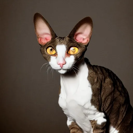 Prompt: a portrat of a cornish rex cat with gold