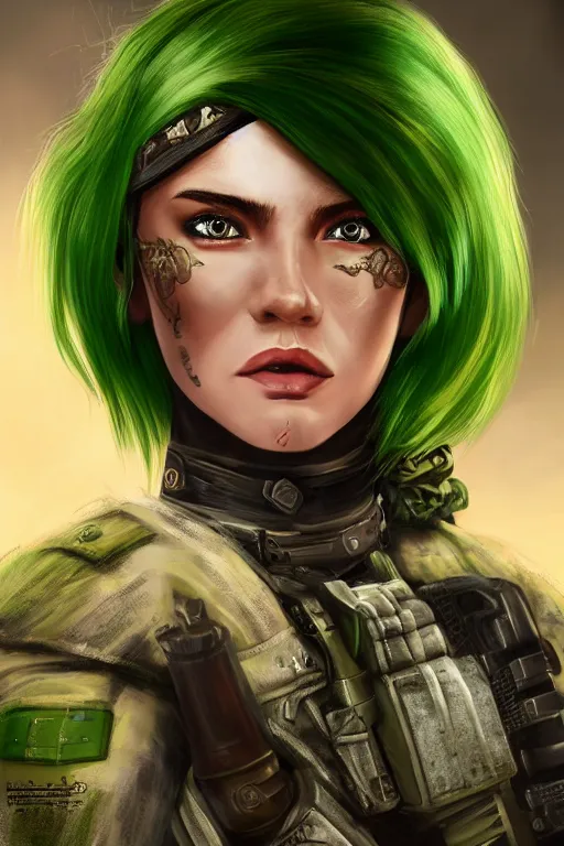 Image similar to female mercenary guard, bright green hair, pretty face, ultra detailed, digital art, 8k ,character ,realistic, portrait, hyperrealistic