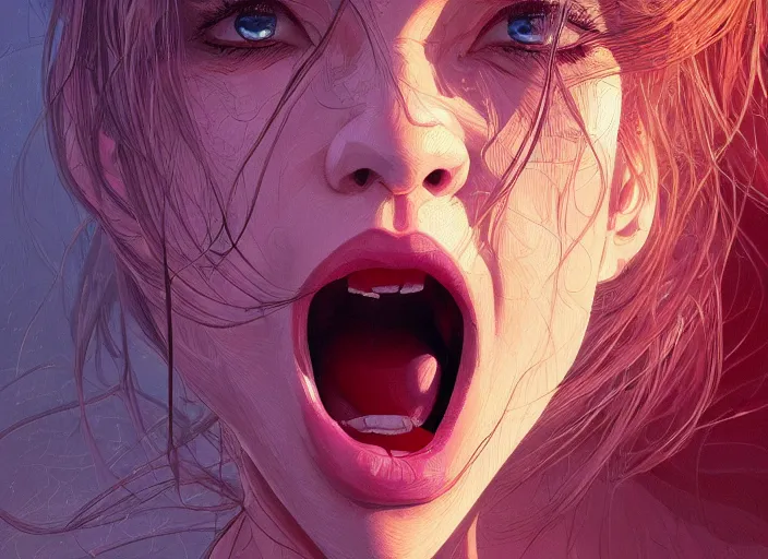 Image similar to wide open wife mouth, close - up, cry, defiant, full lips, light effect, hyper detailed, intricate, elegant, highly detailed, digital painting, artstation, concept art, matte, sharp focus, illustration, by dan mumford, yusuke murata, makoto shinkai, ross tran