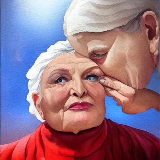 Image similar to a very funny stylize oil painting in modern style of a sweet fat old woman kissing her reflection. symmetry face, red mouth, blue eyes. flowery dress. hyper realistic scene. 3 d, octane render, deep focus, white scene. very funny and sweet image. unreal engine. watercolor. fellini style. klee style.