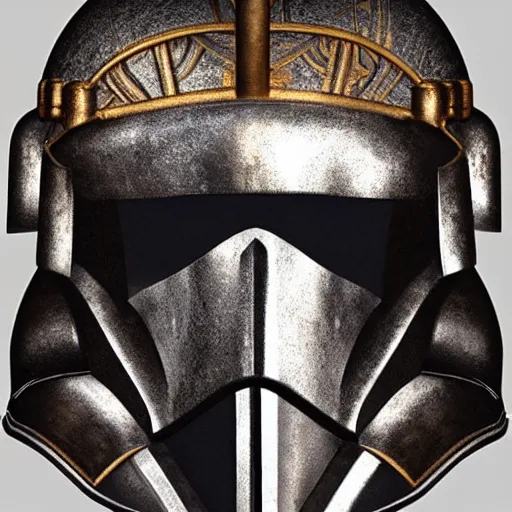 Image similar to bust portrait of a knight, high detail, silver, cobalt, copper, steel, helmet, ornate decoration, gold trim, storm trooper, tubes, pipes, valves, clock work, diffused lighting, runic etching, nordic runes, mandalorian, darth revan, star wars, octane, unreal 5