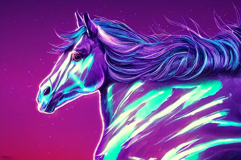 Prompt: a stunning horse with bioluminescent mane and tail running in the sky by sandra chevrier and greg rutkowski, neon hooves, purple blue color scheme, vaporware, retro, outrun, high key lighting, volumetric light, digital art, highly detailed, fine detail, intricate, ornate, complex, octane render, unreal engine, photorealistic