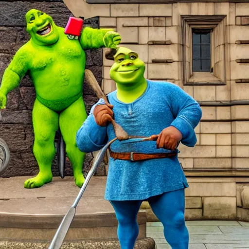 Image similar to shrek with a hammer next to the big ben