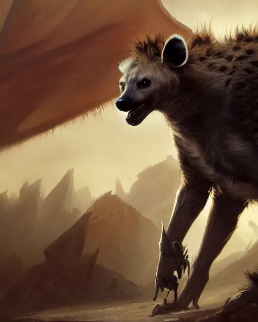 Image similar to oil painting of Anthropomorphized Angry Hyena Warrior, wearing fur cloak, sharp focus, holding Sabre, heroic pose, fantasy style, octane render, volumetric lighting, 8k high definition, by greg rutkowski, highly detailed, trending on art Station, magic the gathering artwork, Battlefield backround, centered