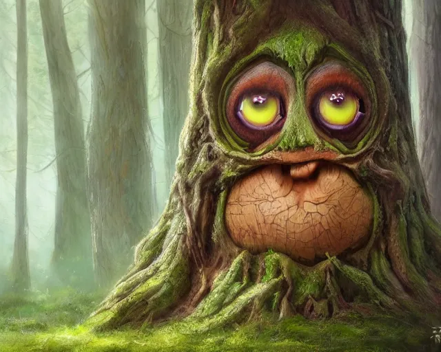 Image similar to a talking tree, a face in the bark, big eyes, in the forest, fantasy concept art, oil painting, whide shot, hyperrealistic, highly detailed, artstation, cgsociety