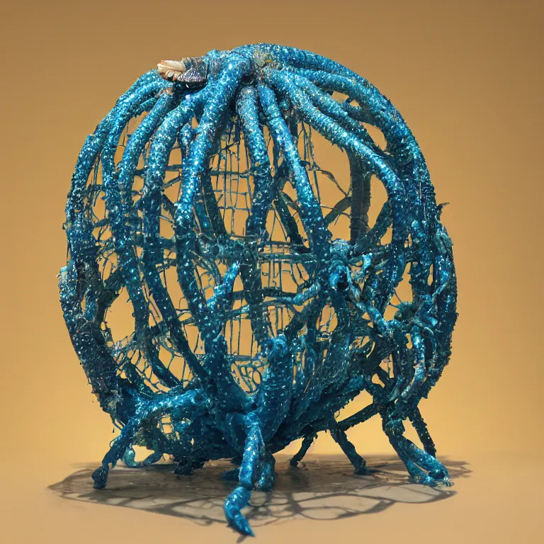 Image similar to hyperrealistic sculpture of a coccyx worm hermit crab dusted with saffron and deep blue and hunter green spraypaint in a grid cage on a pedestal by ron mueck and duane hanson and lee bontecou, hyperrealistic dramatic colored lighting trending on artstation 8 k