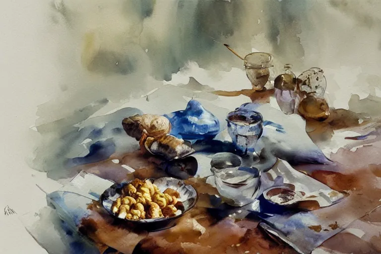 Image similar to paint brush strokes, abstract watercolor painting of walnuts on table cloth, leaves, art by hans dahl, by jesper ejsing, art by anders zorn, wonderful masterpiece by greg rutkowski, cinematic light, american romanticism by greg manchess, creation by tyler edlin