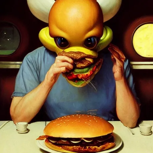 Image similar to hyper realistic, detailed beautiful cute alien, eating a cheeseburger, at a 5 0 s diner, painted by norman rockwell, greg rutkowski, john howe, wlop, artgerm