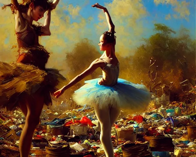 Image similar to a ballerina dancing at a rubbish dump. highly detailed painting by gaston bussiere, craig mullins, j. c. leyendecker 8 k