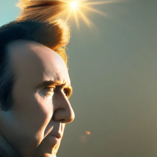 Prompt: Nicolas Cage with golden hair riding into the sunset, golden hour, heavenly lighting, dramatic