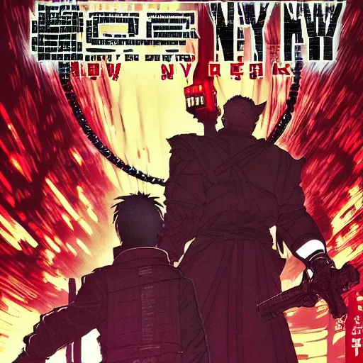 Image similar to professionally drawn 9 0 s berserk mature cyberpunk horror detective action manga comic cover for the movie escape from new york, full color, beautifully drawn coherent professional, drawn by ilya kuvshinov, ilya kuvshinov, and hiromu arakawa and tsutomu nihei. japanese script on the cover. simplistic minimalist