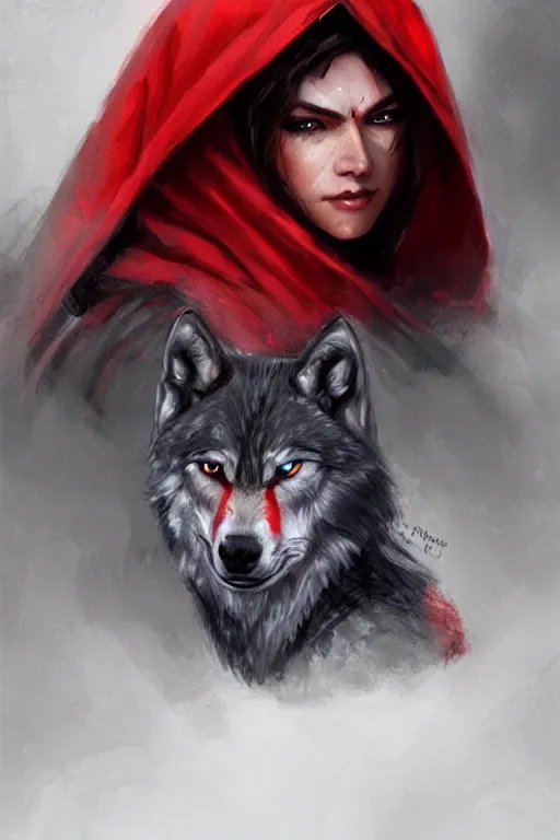 Image similar to wolf warrior in red cape and hood, d & d, fantasy, portrait, highly detailed, headshot, digital painting, trending on artstation, concept art, sharp focus, illustration, art by artgerm and greg rutkowski and magali villeneuve