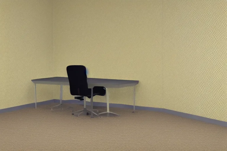 Image similar to 3 d render of jerma 9 8 5, jerma in endless halls of empty office space with worn light mono - yellow 7 0 s wallpaper, old moist carpet, and inconsistently - placed fluorescent lighting | liminal space | non - euclidean space | high octane | blender | 3 d render