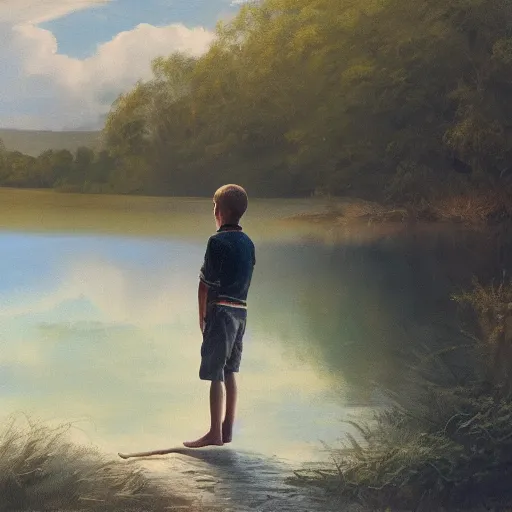 Prompt: in the style of Aurelio Rodríguez and William Whitaker, a boy stand in the lake, close up, very high environmental details, very high facial details, 4K ,