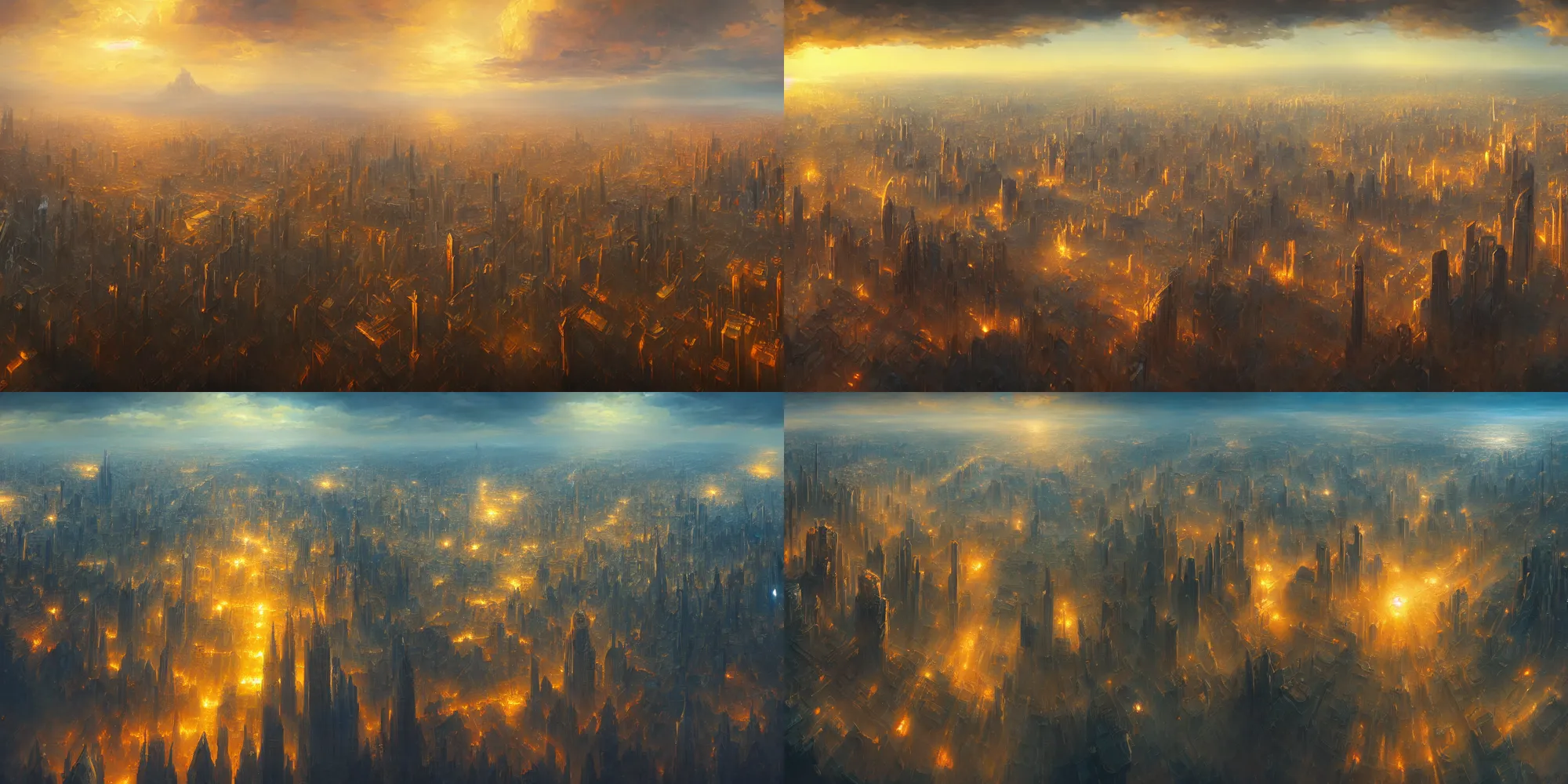 Prompt: A beautiful painting of a large fantasy megalopolis seen from the sky, cinematic composition, concept art, golden ratio, matte painting, Marc Simonetti, Sergey Vasnev, Anato Finnstark, artstation, 8k, high resolution