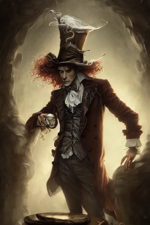 Image similar to mad hatter, portrait of young man, tavern, by wlop, by luis royo, by peter mohrbacher, concept art, digital illustration, intricate, masterpiece, elegant, super detailed, unreal engine rendering, smooth, sharp focus, artstation hq