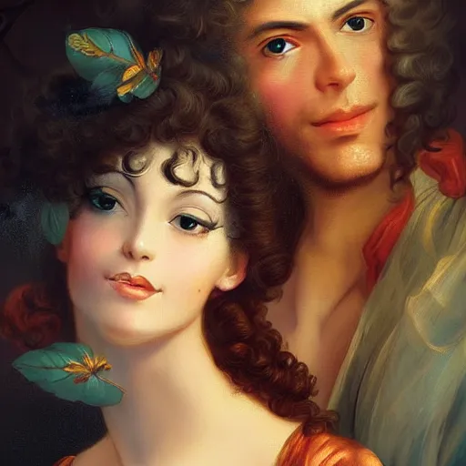 Image similar to A vintage rococo painting Charlie Bowater and Gabrielle Ragusi by Salvador Dalle Lisa Frank :: He always knew she was the one :: dapper man handsome with beautiful hair and brown eyes, a smile to take your breath away. Cute and mine from the first meeting until the end of time :: hd - H 960