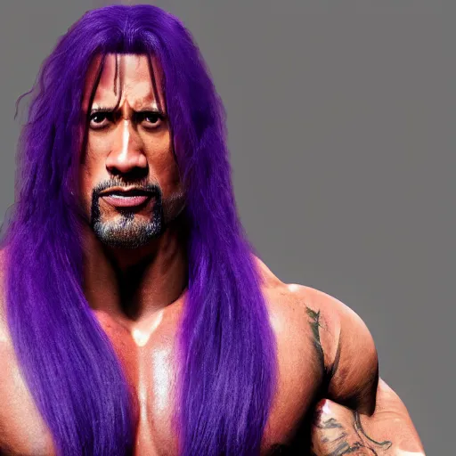 Image similar to Dwayne Johnson with long purple hair, 4k, 8k, trending on artstation, artstationHD, artstationHQ, photorealistic imagery