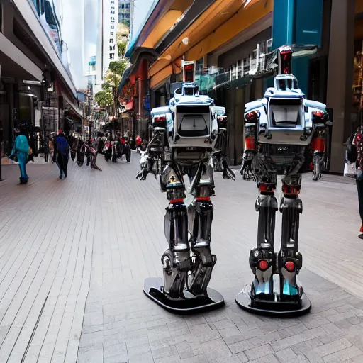 Prompt: A photo of mechanical futuristic robots walking along Rundle Mall in Adelaide, Australia, High detail, realistic photo