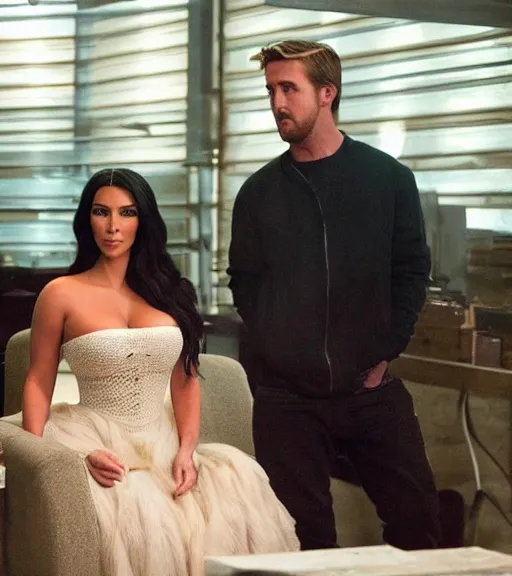 Image similar to a movie still of kim kardashian sitting with ryan gosling in the movie drive