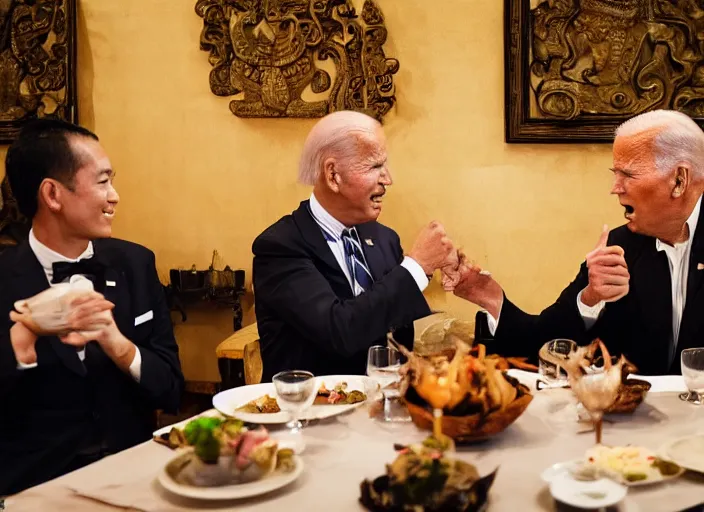 Image similar to Trump and Biden having dinner at a fancy Balinese restaurant, award winning cinematic photography, 50 mm, blurred background, trending on twitter