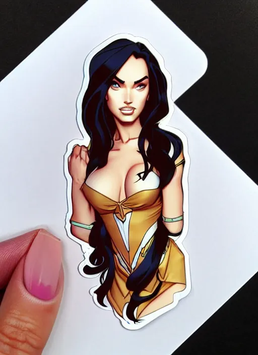 Image similar to cute megan fox sticker design, natural lighting, path traced, highly detailed, high quality, digital painting, by don bluth and ross tran and studio ghibli and alphonse mucha, artgerm