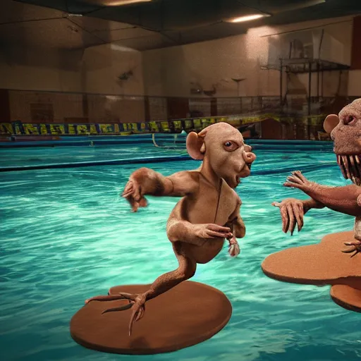 Prompt: photo, two ugly old men fight rat monsters 5 3 8 2 8 inside a swimming pool, highly detailed, scary, volumetric lighting