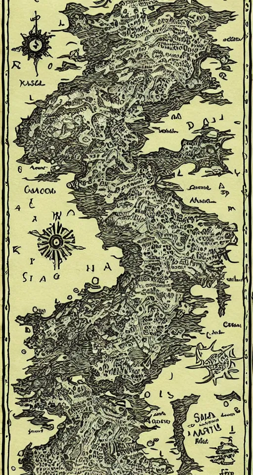 Prompt: hand drawn rpg map of mysterious regions, ink, detailed