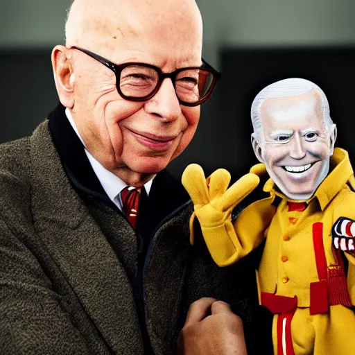Prompt: UHD candid color photo of Klaus Schwab wearing Nazi uniform holding a ventriloquist dummy Joe Biden, accurate faces, UHD, photorealistic, correct face, photo by Annie Leibowitz