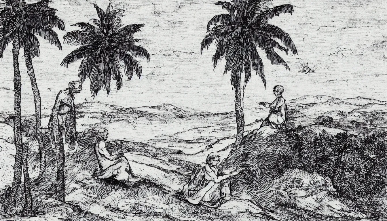 Image similar to a person sits on a large hill while wind blows the palm trees, pen and ink, 1 5 0 0 s, 8 k resolution